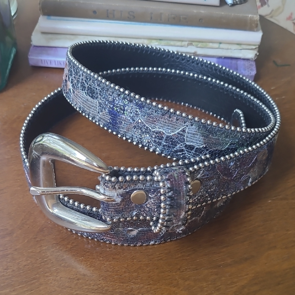 Vtg 90s Blue Purple Watercolor Bonded Leather Glitter Beaded Statement Belt M/L